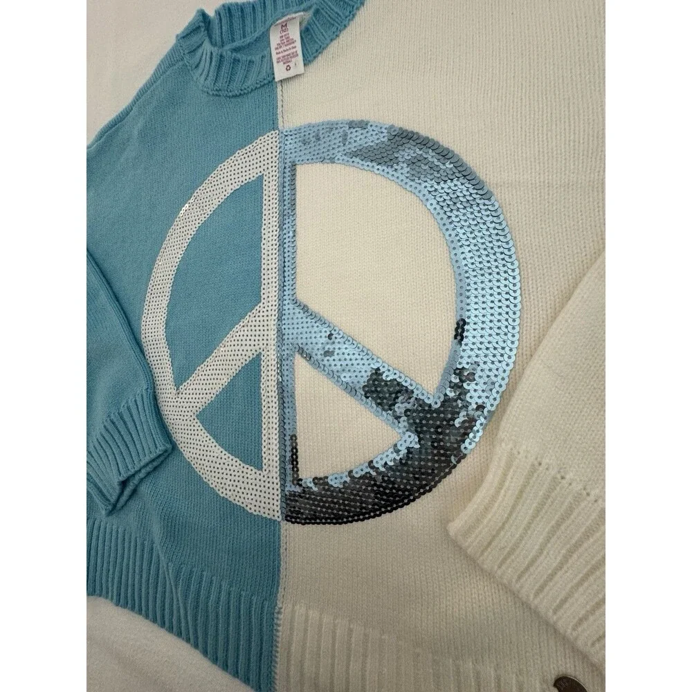 Justice Girls Knit Sweater Pullover M (10) Blue White Colorblock Peace Sequin